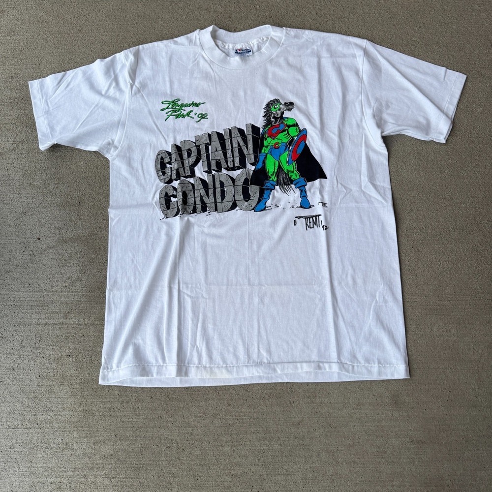 Hanes Fifty-Fifty Unisex T-Shirt White Longacres Park Horse Racing Tee 90s XL